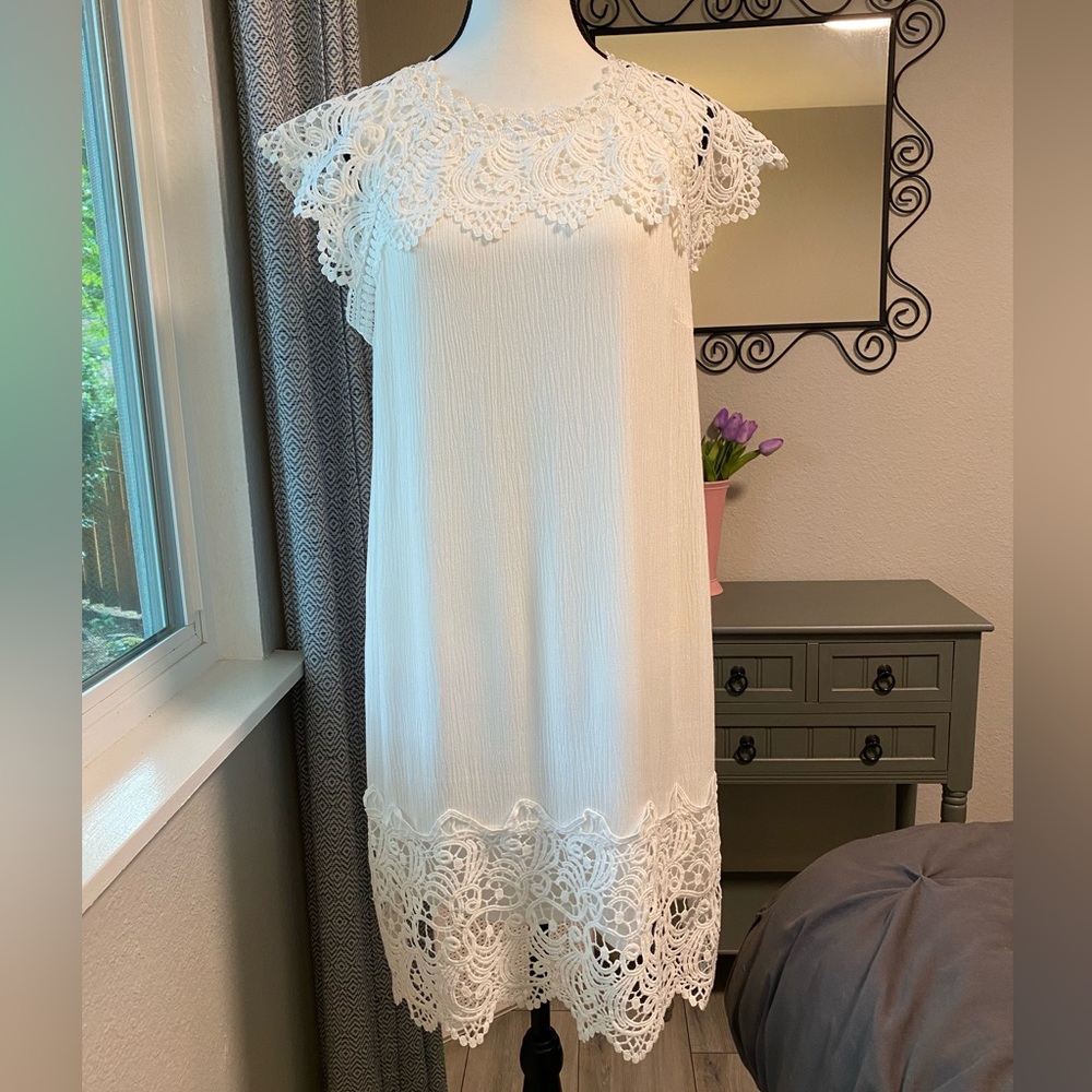 NWT 100% Rayon Natural Fiber Crochet Lace White Bridal Mini Shift Dress …